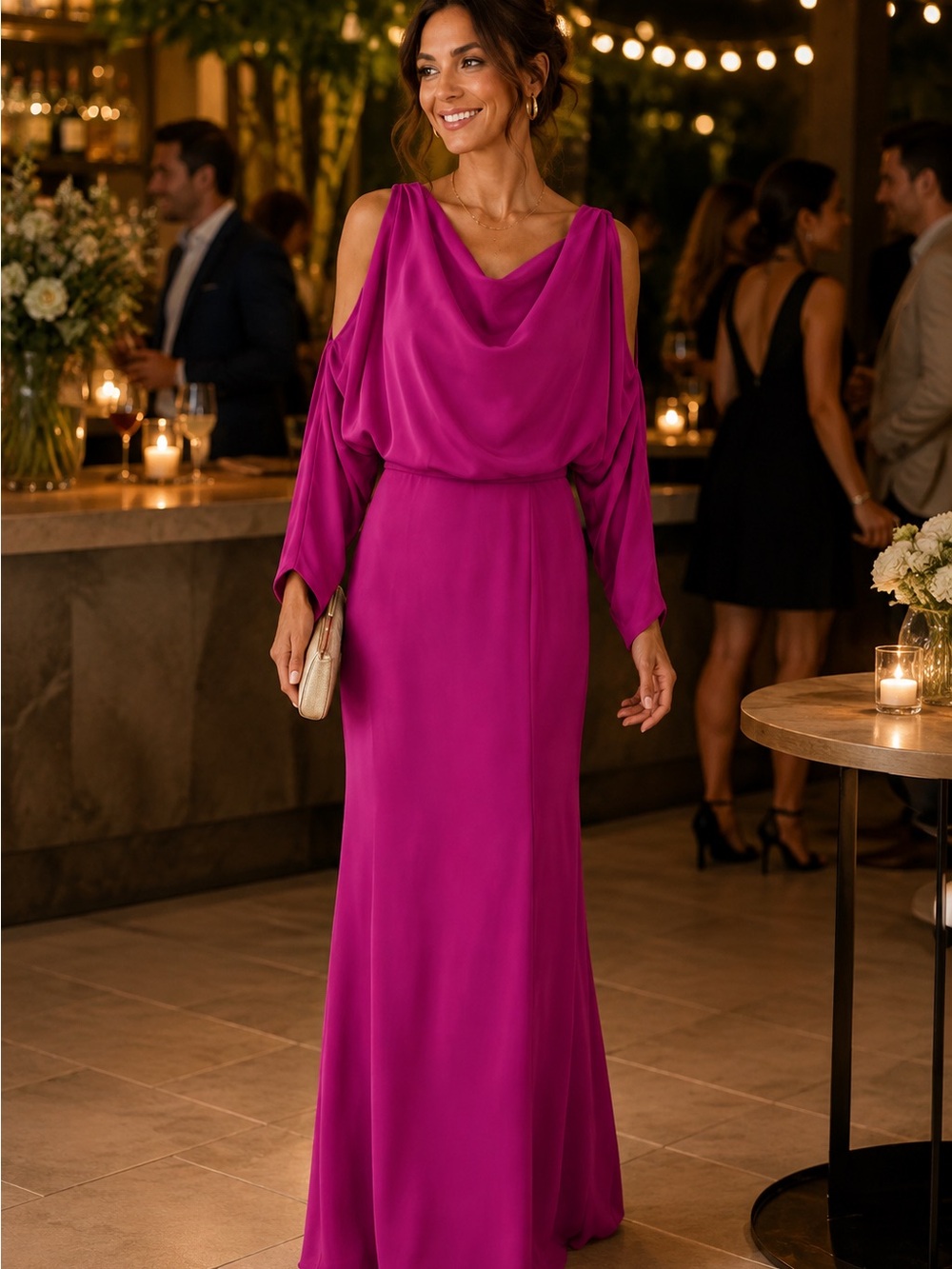 Zara Fuchsia Cold-Shoulder Maxi Dress